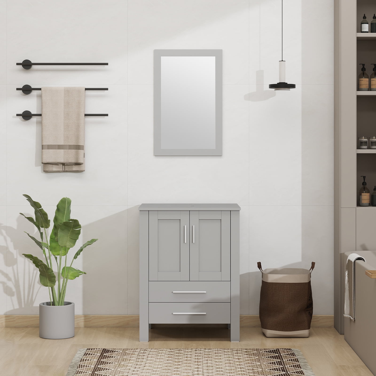 ELECWISH 24-Inch Bathroom Vanity in Gray with Mirror, Modern Stand Pedestal Cabinet with Manufactured Wood Top
