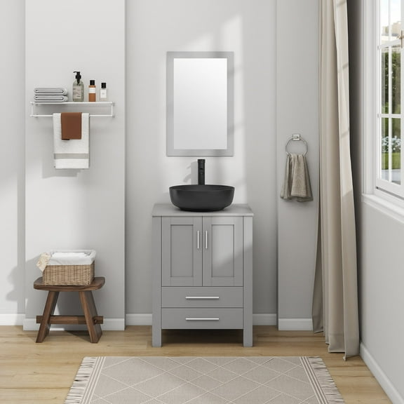 ELECWISH 24-Inch Bathroom Vanity in Gray with Mirror and Round Sink Set, Modern Stand Pedestal Cabinet with Black Ceramic Sink Set
