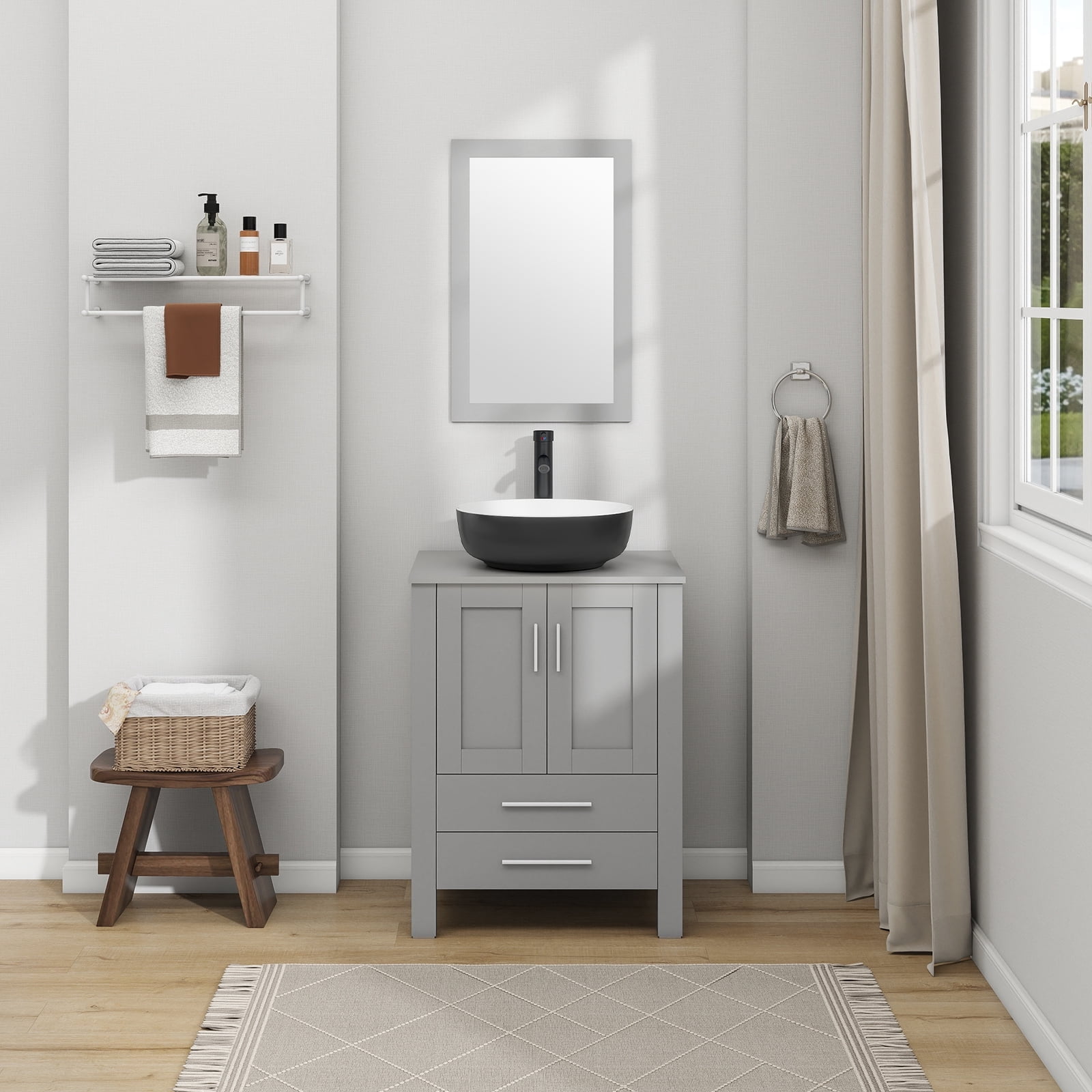 ELECWISH 24-Inch Bathroom Vanity in Gray with Mirror and Round Sink Set, Modern Stand Pedestal Cabinet with White/Black Ceramic Sink Set