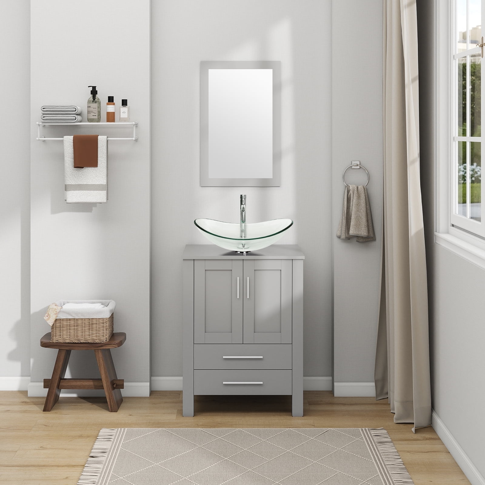 ELECWISH 24-Inch Bathroom Vanity in Gray with Mirror and Vessel Sink Set, Modern Stand Pedestal Cabinet with Clear Glass Sink Set