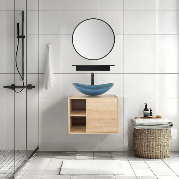 ELECWISH 24-Inch Bathroom Vanity in Natural Wood with Mirror and Vessel Sink Set, Modern Wall-mounted Cabinet with Glass Sink Set