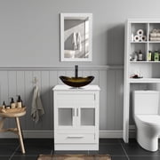 ELECWISH 24-Inch Bathroom Vanity in White with Mirror and Vessel Sink Set, Modern Stand Pedestal Cabinet with Glass Sink Set