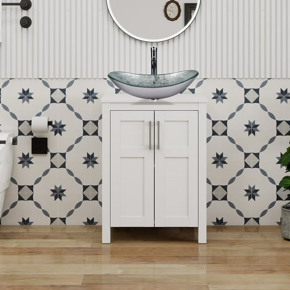 ELECWISH 24 Inches Bathroom Vanity in White Finish with Glass Boat-Shaped Vessel Sink, Single Bathroom Vanity with Top, 2-Door Cabinet