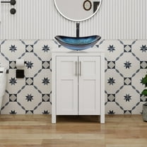 ELECWISH 24 Inches Bathroom Vanity in White Finish with Glass Boat-Shaped Vessel Sink, Single Bathroom Vanity with Top, 2-Door Cabinet