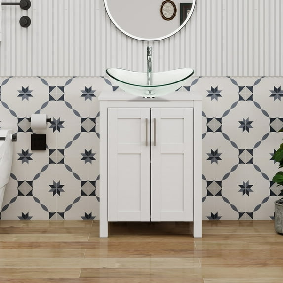 ELECWISH 24 Inches Bathroom Vanity in White Finish with Glass Boat-Shaped Vessel Sink, Single Bathroom Vanity with Top, 2-Door Cabinet