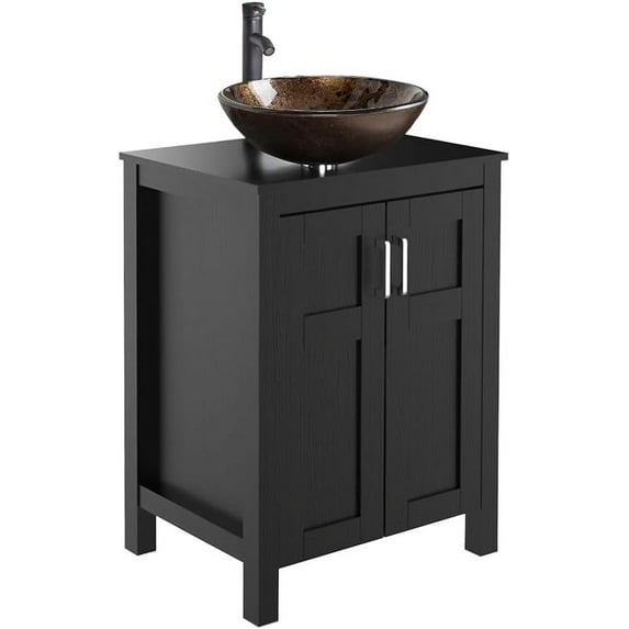 ELECWISH 24 Inches Traditional Bathroom Vanity Set in Black Finish, Single Bathroom Vanity with Top and 2-Door Cabinet, Brown Glass Sink Top with Single Faucet Hole