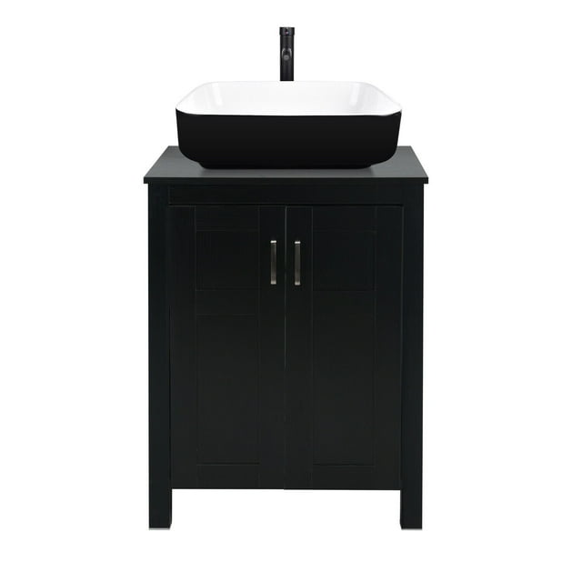 ELECWISH 24 Inches Traditional Bathroom Vanity Set in Black Finish, Single Bathroom Vanity with Top and 2-Door Cabinet, Brown Glass Sink Top with Single Faucet Hole