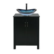 ELECWISH 24 Inches Traditional Bathroom Vanity Set in Black Finish, Single Bathroom Vanity with Top and 2-Door Cabinet, Brown Glass Sink Top with Single Faucet Hole
