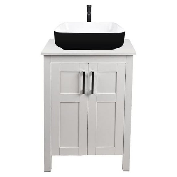 ELECWISH 24 Inches Traditional Bathroom Vanity Set in White Finish, Single Bathroom Vanity with Top and 2-Door Cabinet, Glass Sink Top with Single Faucet Hole