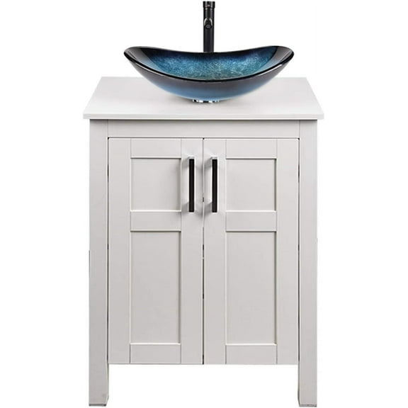 ELECWISH 24 Inches Traditional Bathroom Vanity Set in White Finish, Single Bathroom Vanity with Top and 2-Door Cabinet, Glass Sink Top with Single Faucet Hole