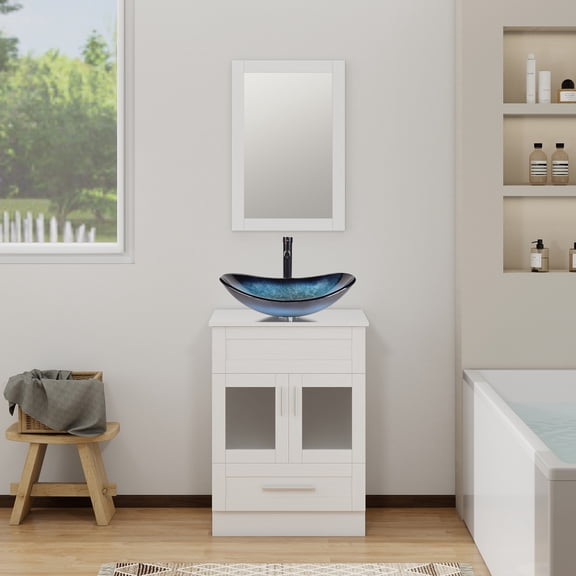 ELECWISH 24" Vanity Bathroom Cabinet with Mirror and Vessel Sink Bowl Faucet Combo Set