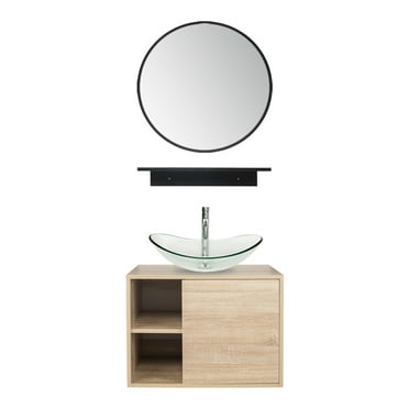 ELECWISH 24Inch Bathroom Vanity Set Wall Mounted Cabinet with/ Vessel Sink Mirror Shelf , PVC Panel Natural Cabinet with Black Side Panels(Cabinet + Sink)
