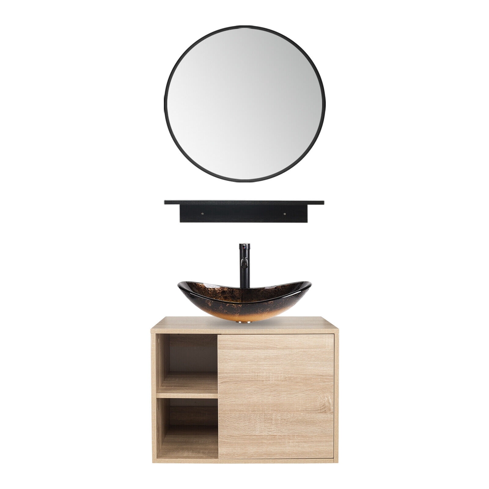ELECWISH 24Inch Bathroom Vanity Set Wall Mounted Cabinet with/ Vessel Sink Mirror Shelf , PVC Panel Natural Cabinet with Black Side Panels(Cabinet + Sink)