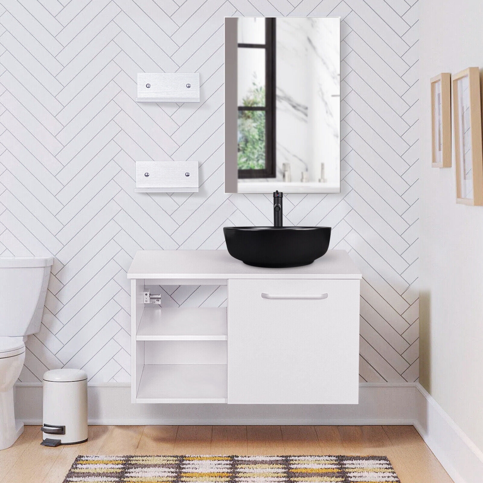 ELECWISH 28 Inch Modern Bathroom Vanity Set with Mirror Wall Mount White Cabinet Glass Sink Chrome Faucet and Pop Up Drain