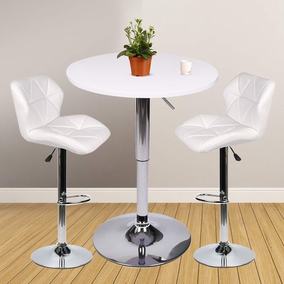 ELECWISH 3 Pieces Barstool and Pub Table Set Adjustable Height Swivel White Wood Round Table and Padded PU Leather Bar Chair Dining Set
