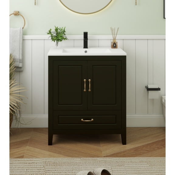 ELECWISH 30 Bathroom Vanity with Ceramic Sink, Painted Surface Freestanding Vanity Cabinet with 2 Soft-Close Doors, 1 Drawers,Matte Black Faucet Drain, Modern Bathroom Furniture, Black
