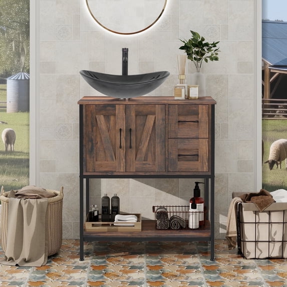 ELECWISH 30" Bathroom Vanity, Farmhouse Bathroom Vanity with Sink Combo Set, Rustic Brown Modern Wood Cabinet with Black-White Gradient Boat Sink