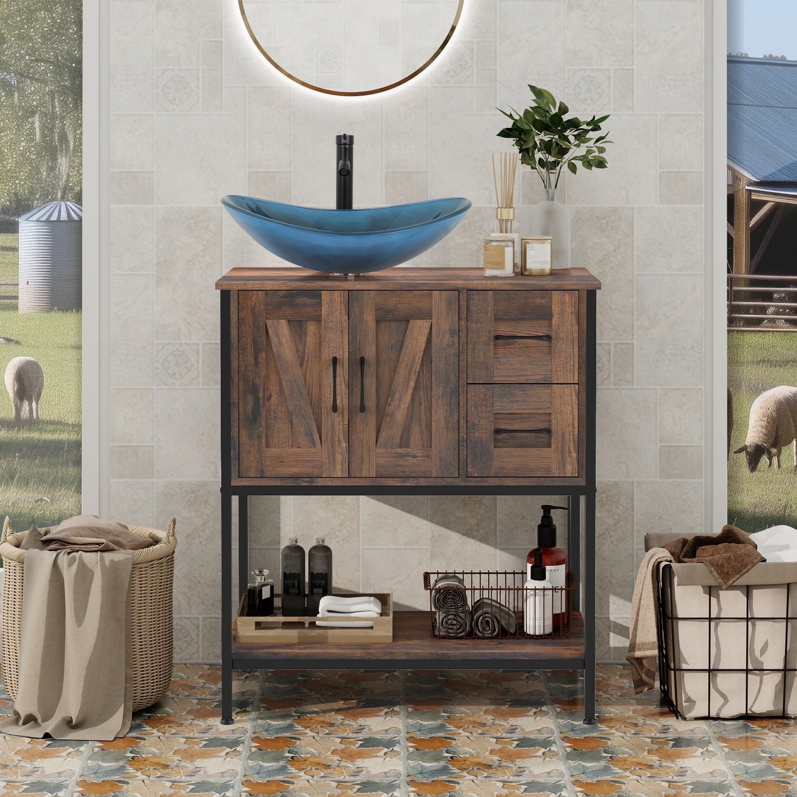 ELECWISH 30" Bathroom Vanity, Farmhouse Bathroom Vanity with Sink Combo Set, Rustic Brown Modern Wood Cabinet with Blue-Black Gradient Boat Sink