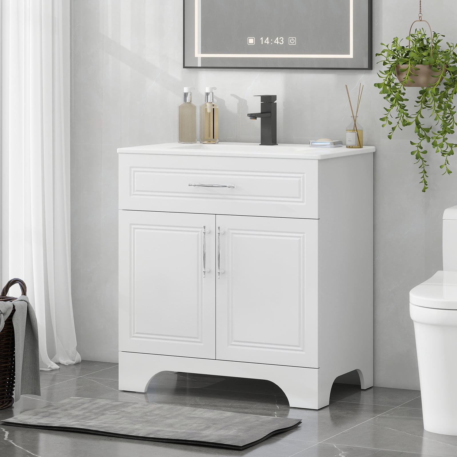ELECWISH 30" Bathroom Vanity with Sink Combo, Modern Bathroom Storage Cabinet Set with Tip-Out Drawer and 2 Soft Closing Door, Ceramic Undermount Sink, Matte Black Faucet Drain, Black