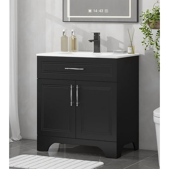 ELECWISH 30" Bathroom Vanity with Sink Combo, Modern Bathroom Storage Cabinet Set with Tip-Out Drawer and 2 Soft Closing Door, Ceramic Undermount Sink, Matte Black Faucet Drain, Black