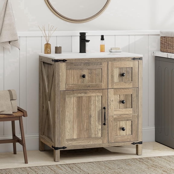 ELECWISH 30" Farmhouse Bathroom Vanity with Sink Combo, Rustic Vanity Cabinet with White Under Mount Sink, Four Sliding Drawers and Door, with Faucet, Rustic Brown