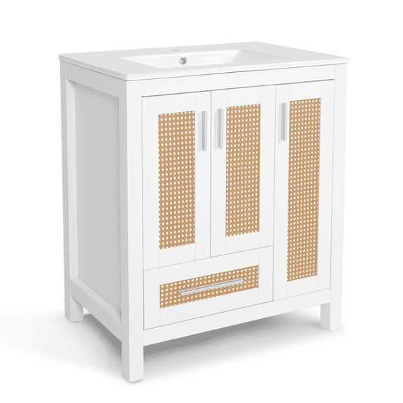 ELECWISH 30 Inch Freestanding Bathroom Vanity Floating Cabinet Ceramic Sink Faucet Combo, White Rectangular Ceramic Vanity, Rattan Modern Bathroom Storage Cabinet, White