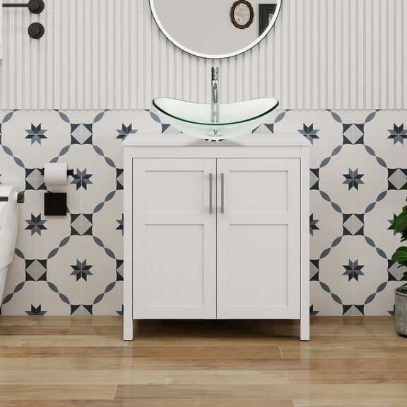 ELECWISH 30 Inches Bathroom Vanity in White Finish with Glass Boat-Shaped Vessel Sink, Single Bathroom Vanity with Top, 2-Door Cabinet