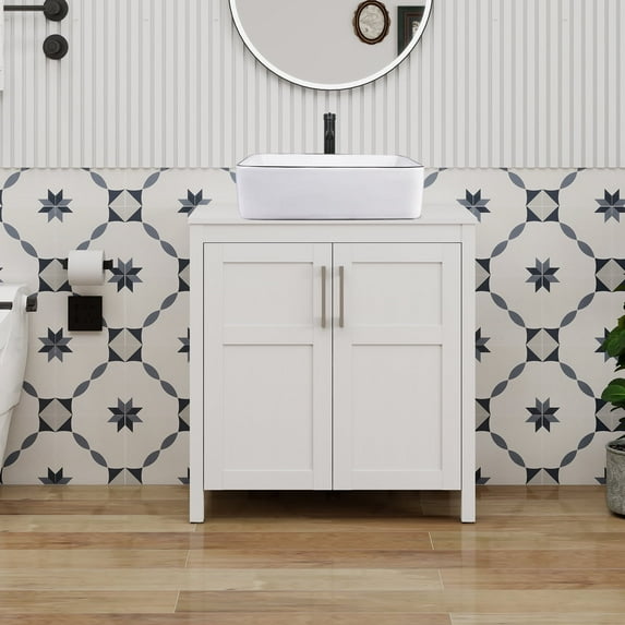 ELECWISH 30 Inches Bathroom Vanity in White Finish with Square Ceramic Vessel Sink, Single Bathroom Vanity with Top, 2-Door Cabinet