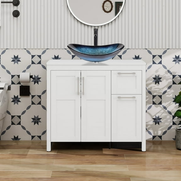 ELECWISH 36 Inches Bathroom Vanity in White Finish with Glass Boat-Shaped Vessel Sink, Single Bathroom Vanity with Top, 2-Door Cabinet and 2 Drawers