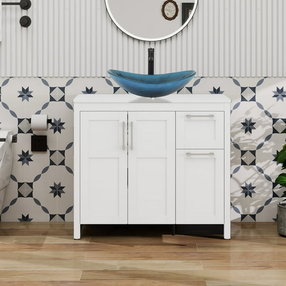 ELECWISH 36 Inches Bathroom Vanity in White Finish with Glass Boat-Shaped Vessel Sink, Single Bathroom Vanity with Top, 2-Door Cabinet and 2 Drawers