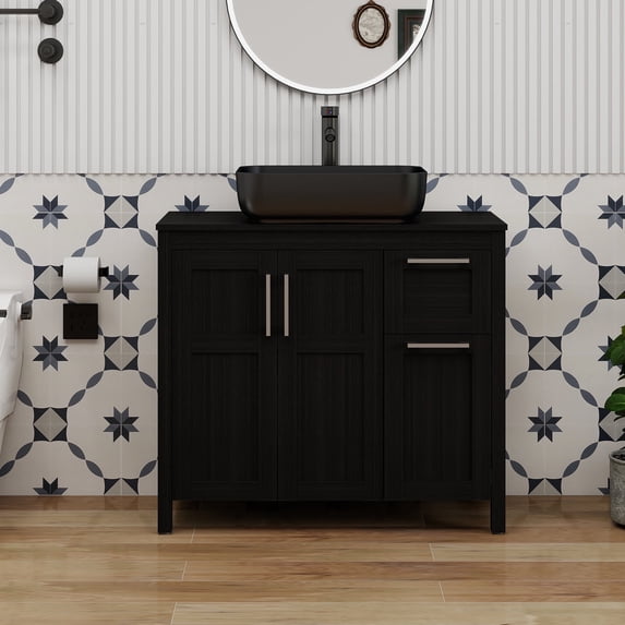 ELECWISH 36 Inches Bathroom Vanity in Black Finish with Square Ceramic Vessel Sink, Single Bathroom Vanity with Top, 2-Door Cabinet and 2 Drawers