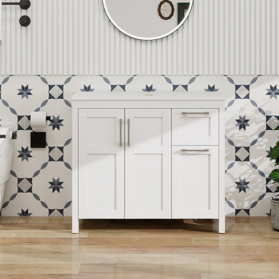 ELECWISH 36 Inches Traditional Bathroom Vanity in White Finish, Single Bathroom Vanity with Top, 2-Door Cabinet and 2 drawers