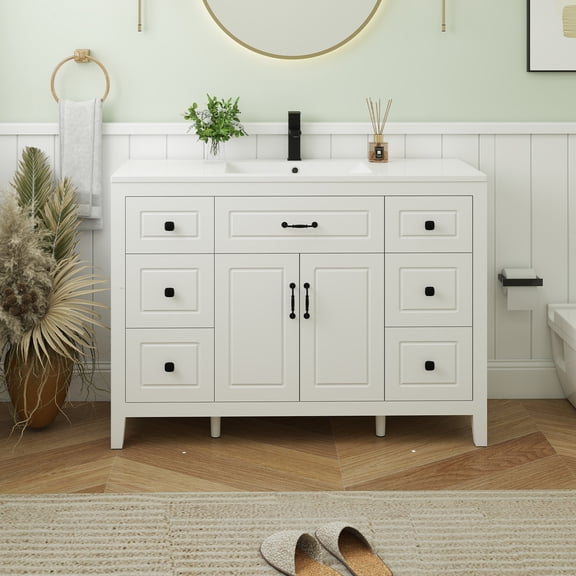 ELECWISH 48 Bathroom Vanity with Sink, Painted Surface Freestanding Vanity Cabinet with 2 Soft-Close Doors, 6 Drawers,Matte Black Faucet Drain,Modern Bathroom Furniture SMC Sink, White