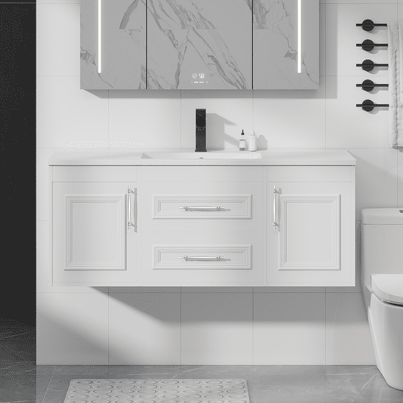 ELECWISH 48" Floating Bathroom Vanity with Sink, Painted Surface Wall Mounted Bathroom Vanity Cabinet, Soft Closing System, SMC Sink, White