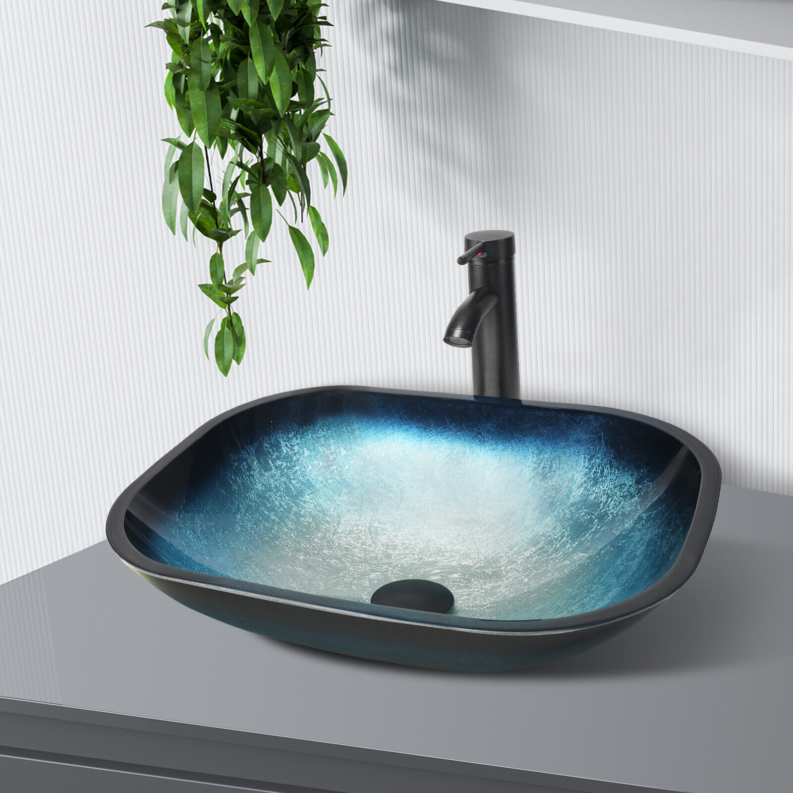 ELECWISH Artistic Vessel Sink Bathroom Tempered Glass Vanity Bowl with Oil Rubber Bronze Faucet and Pop up drain Combo,Rectangle Blue
