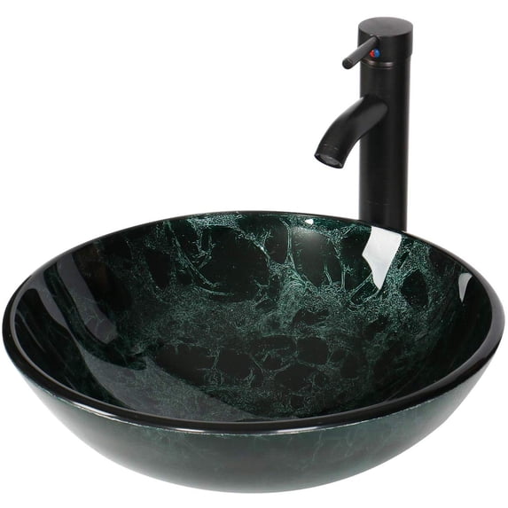 ELECWISH Bathroom Artistic Vessel Sink, Modern Round Tempered Glass Basin Washing Bowl, Oil Rubbed Bronze Faucet, Pop-up Drain Set