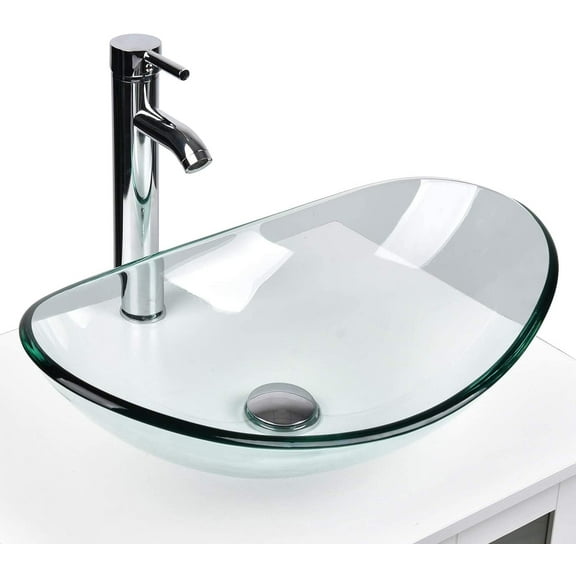 ELECWISH Bathroom Frosted Vessel Sink Tempered Glass Basin Chrome Faucet Pop-up Drain Combo