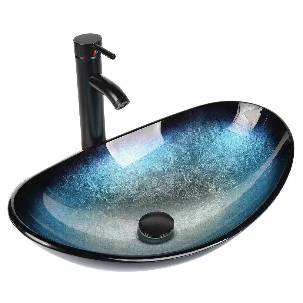 ELECWISH Bathroom Sink and Faucet Combo Artistic Tempered Glass Vessel Sink Basin Washing Bowl Set, Cabinet Countertop Sink with Chrome Faucet Pop-up Drain (Oval)