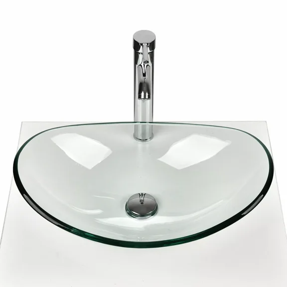 ELECWISH Bathroom Sink and Faucet Combo Artistic Tempered Glass Vessel Sink Basin Washing Bowl Set, Cabinet Countertop Sink with Chrome Faucet Pop-up Drain (Oval)
