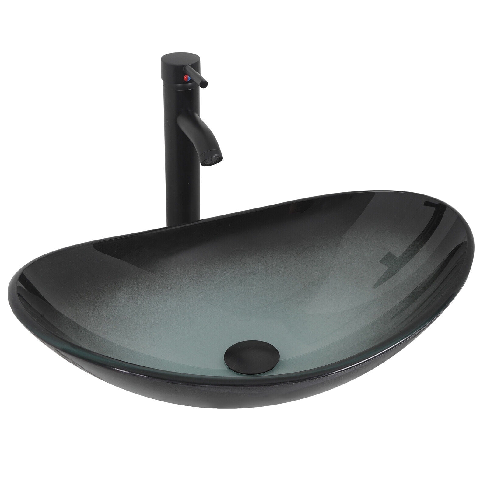 ELECWISH Bathroom Sink and Faucet Combo Artistic Tempered Glass Vessel Sink Basin Washing Bowl Set, Cabinet Countertop Sink with Chrome Faucet Pop-up Drain (Oval)