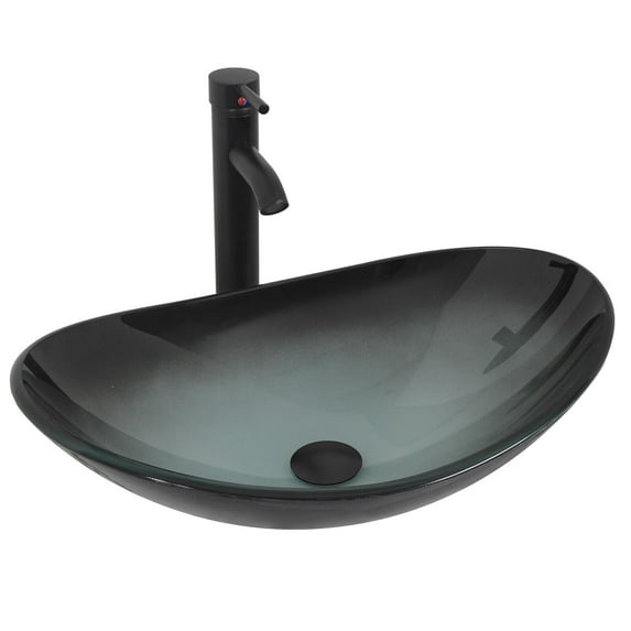 ELECWISH Bathroom Sink and Faucet Combo Artistic Tempered Glass Vessel Sink Basin Washing Bowl Set, Cabinet Countertop Sink with Chrome Faucet Pop-up Drain (Oval)
