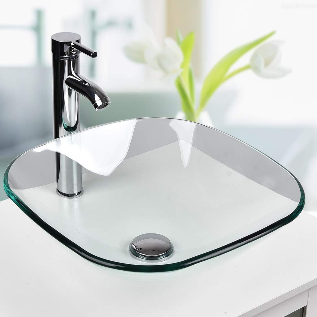 ELECWISH Bathroom Sink and Faucet Combo Tempered Glass Vessel Sink Basin Washing Bowl Set