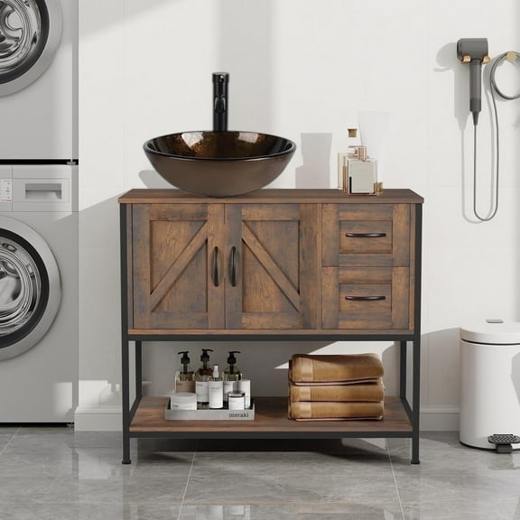 ELECWISH Bathroom Vanity, 36" Bathroom Vanity with Sink Combo Set, Dark Brown Modern Wood Bathroom Cabinet with White Ceramic Bathroom Sink