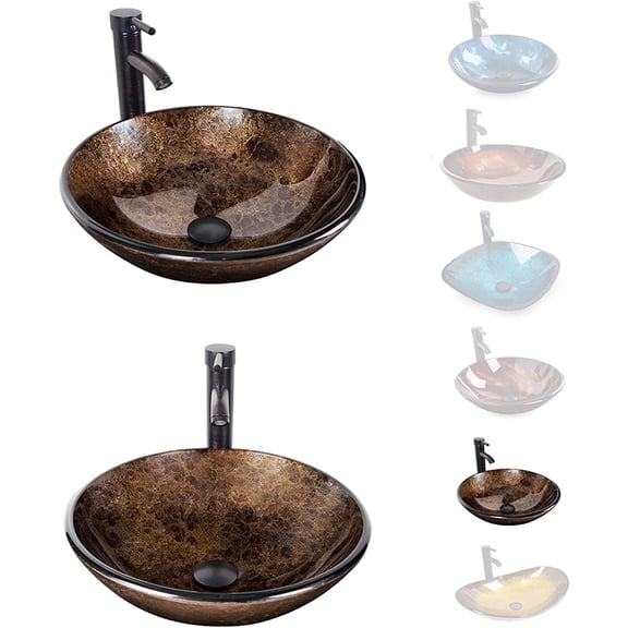 ELECWISH Bathroom Vessel Sink with Faucet Mounting Ring and Pop Up Drain 16.5 Inch Tempered Glass Basin (Brown)