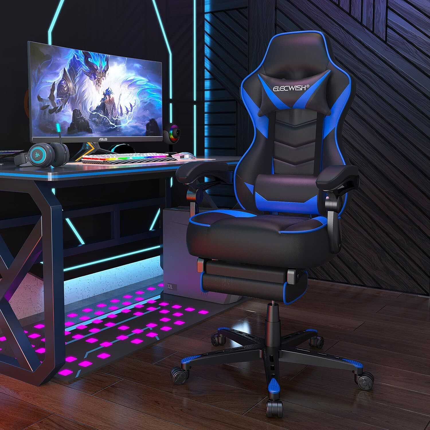 ELECWISH Gaming Chair Ergonomic Blue Computer Office Chair Recliner w