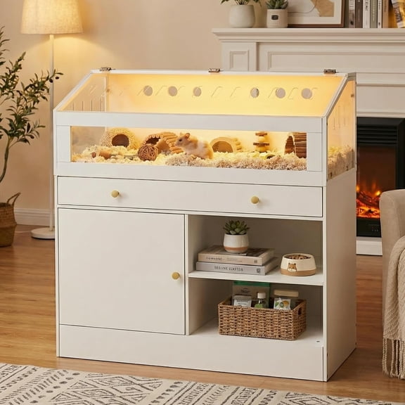 ELECWISH Hamster Cage with Storage Cabinet Small Animal Cage, Easy View Acrylic Panels, Large Habitat for Hamsters, Guinea Pigs, Rabbits, Hedgehogs