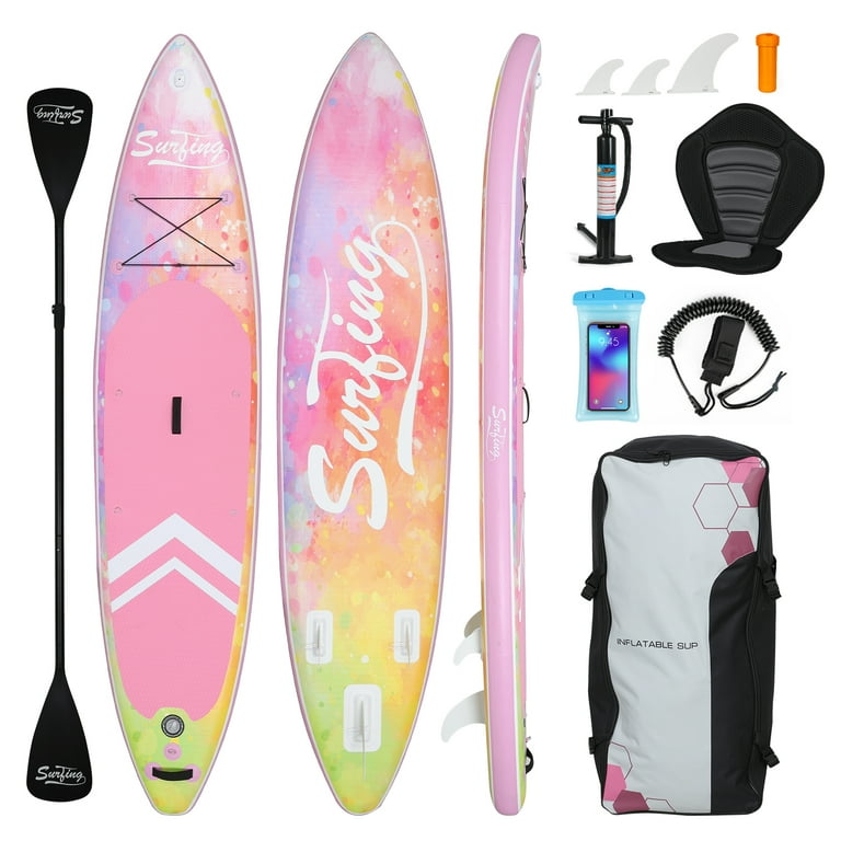 Elecwish Inflatable Kayak Paddle Board and Kayak Seat Set,11 ft Deck Sup Paddle Board with Sup Accessories & Backpack for Fishing, Pink Gradient, Size