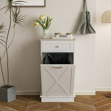 ELECWISH Kitchen Tilt Out Trash Can Cabinet Freestanding Trash Bin Holder Storage Drawer Waste Bin-Wooden Recycling Trash Cabinet,White