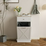 ELECWISH Kitchen Tilt Out Trash Can Cabinet Freestanding Trash Bin Holder Storage Drawer Waste Bin-Wooden Recycling Trash Cabinet,White