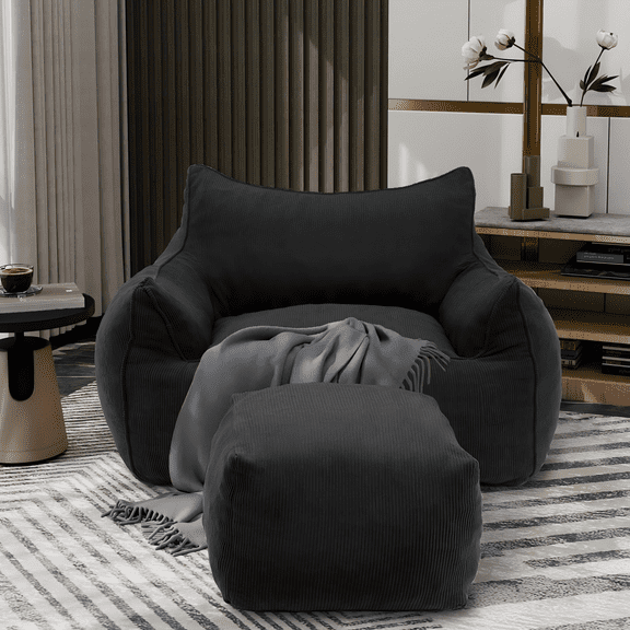 ELECWISH  Large Beanbag Chair for Adults Bean Bag Sofa with Footstool& Armrests& Back Support& Foam Filled for Living Room, Bedroom or Balcony, No Assembly Required(Stripe Grey)